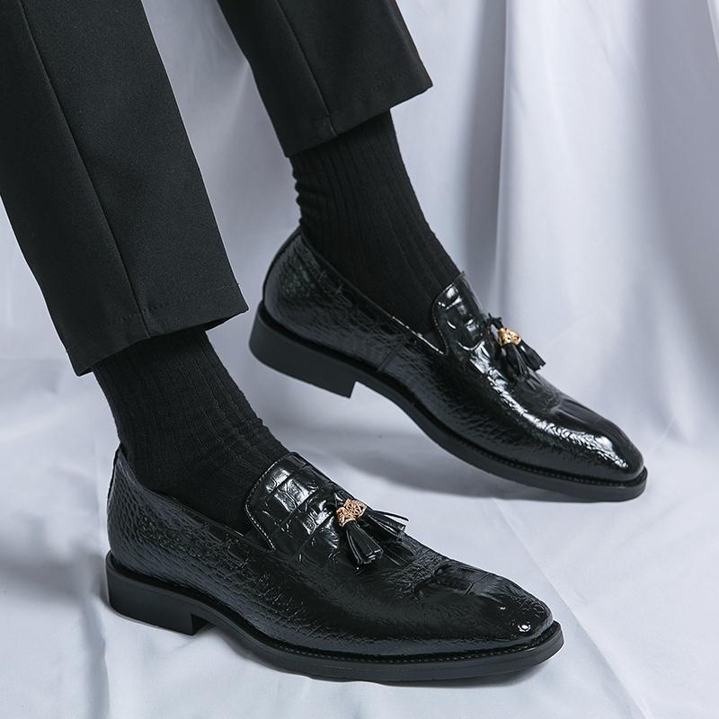 Mens Korean-style Crocodile-pattern Embossed Tassel Leather Shoes Best YouTube Store