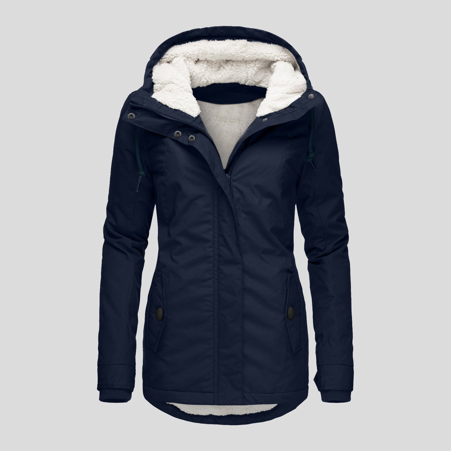 Winter Hooded Jacket Solid Color Warm Buckle Zip-up Fleece Jacket With Pockets Women's Casual Jacket Best YouTube Store