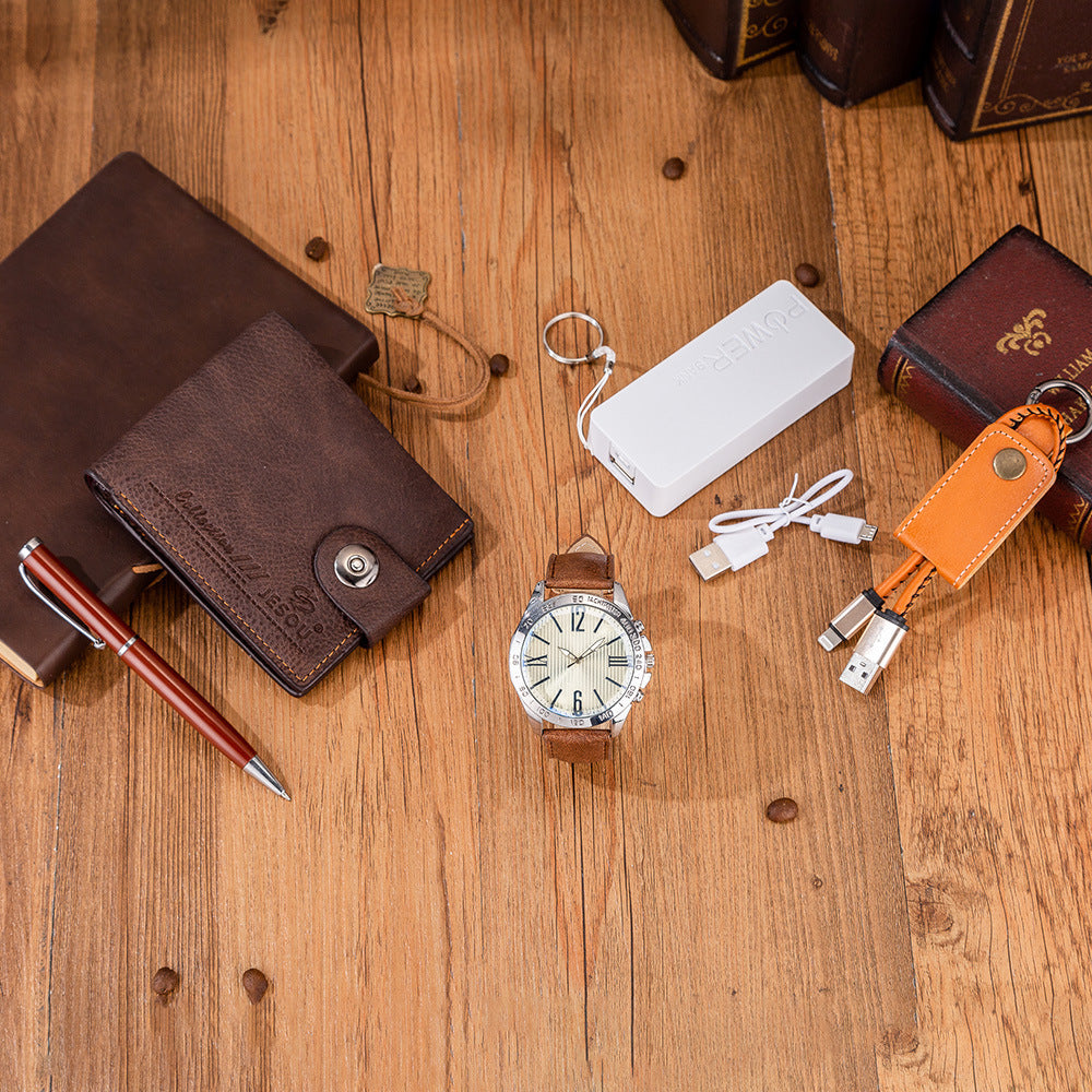 Mens Boutique Gift Set Wallet Power Bank Keychain Large Dial Quartz Watch Best YouTube Store
