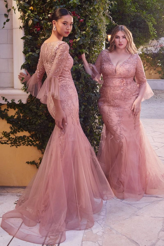 Fitted Lace Mermaid Gown With Trumpet Sleeve Tux-USA