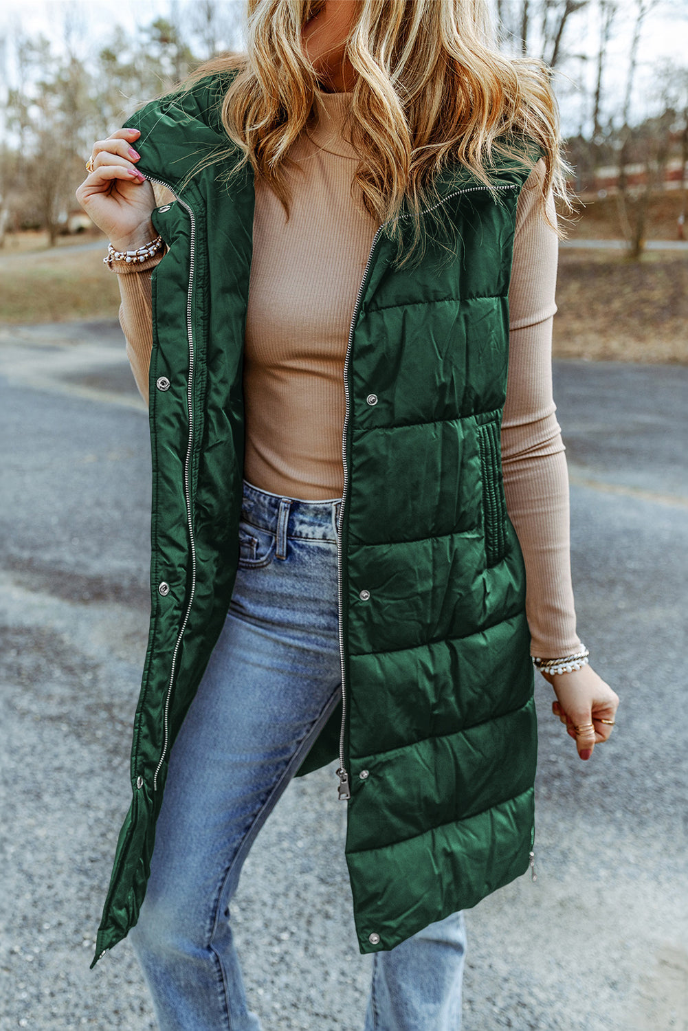 Black Hooded Long Quilted Vest PLUS Coat Threaded Pear