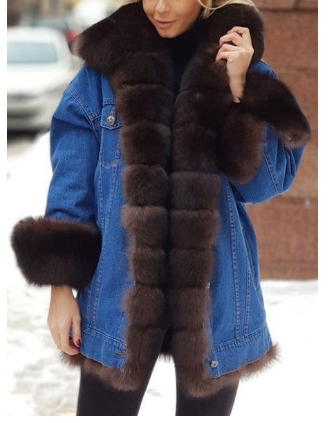 Ladies Fur One Denim Long Long Sleeve Coat Accent Plus
