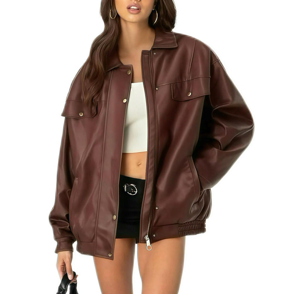 Women's Leather Jacket Loose Long Sleeve Lapel Motorcycle Jacket LadyShow.Store