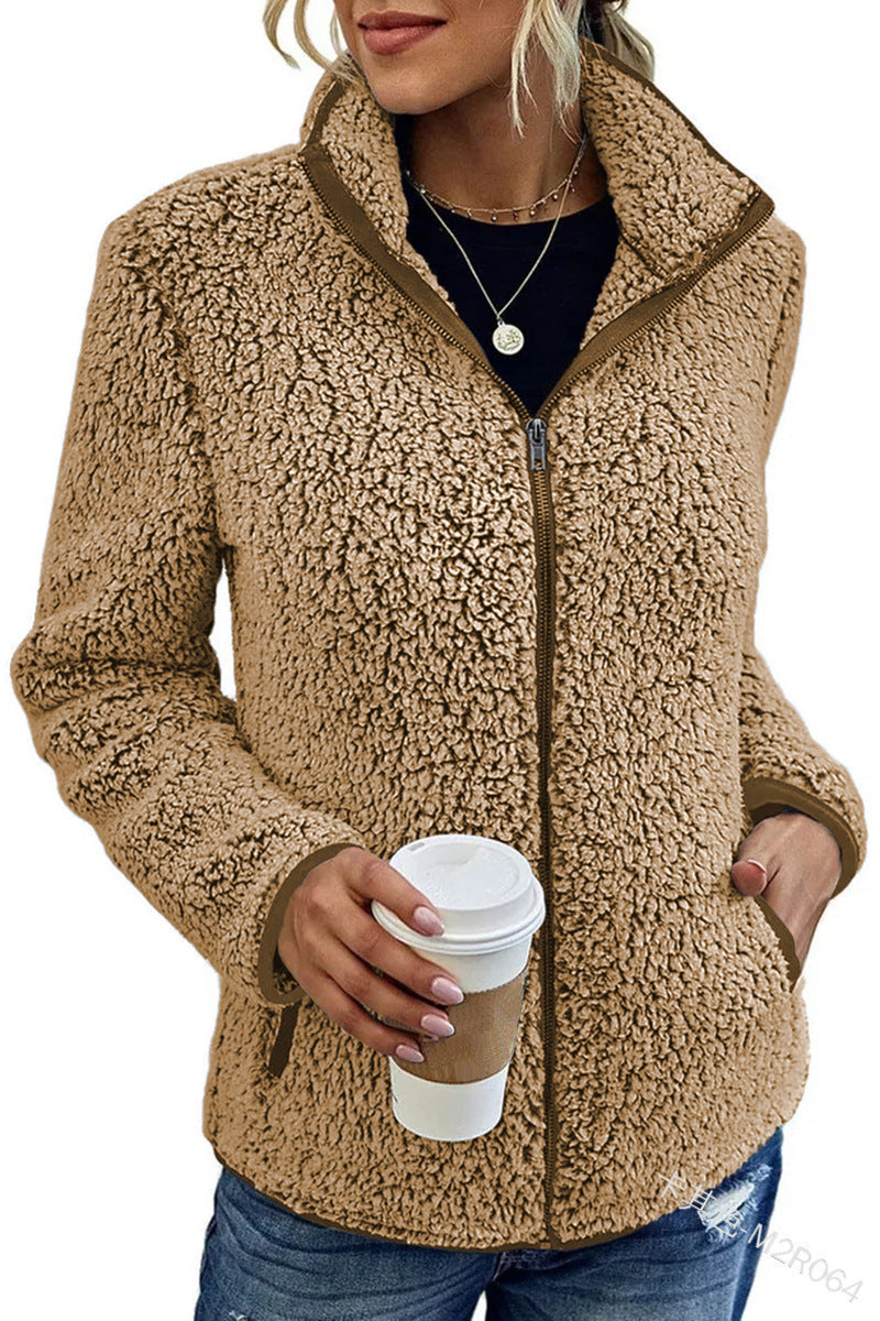 Fall Winter Warm Sweatshirt Stand Collar Solid Color Top Sweater Women's Casual Fashion Long Sleeve Zipper Bubble Velvet Coat Tops Best YouTube Store