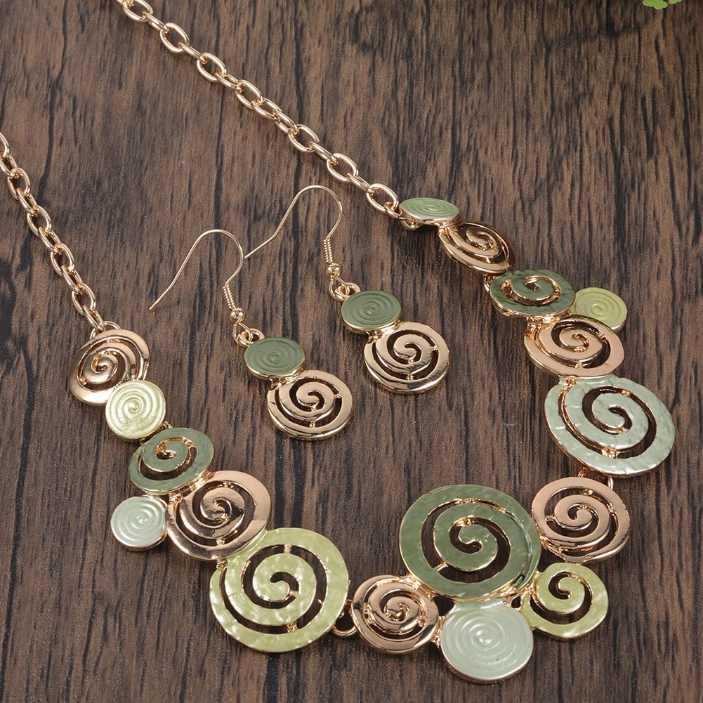 Zinc Alloy Geometric Round Spiral Color Oil Necklace Hollow Design Eardrop Set LadyShow.Store