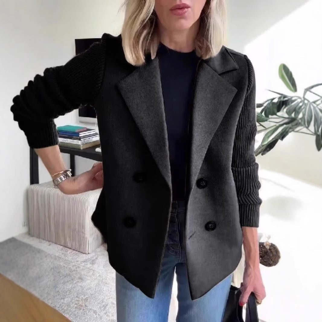 Double Breasted Lapel Jacket Fashion Knitted Sleeves Splicing Design Coat Outerwear Women's Clothing Best YouTube Store