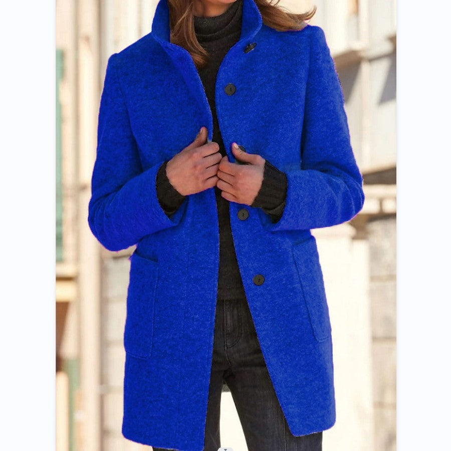 Women's Stand Collar Woolen Coat - Slim Fit Fall and Winter Button Front Trench Coat with Pockets Best YouTube Store