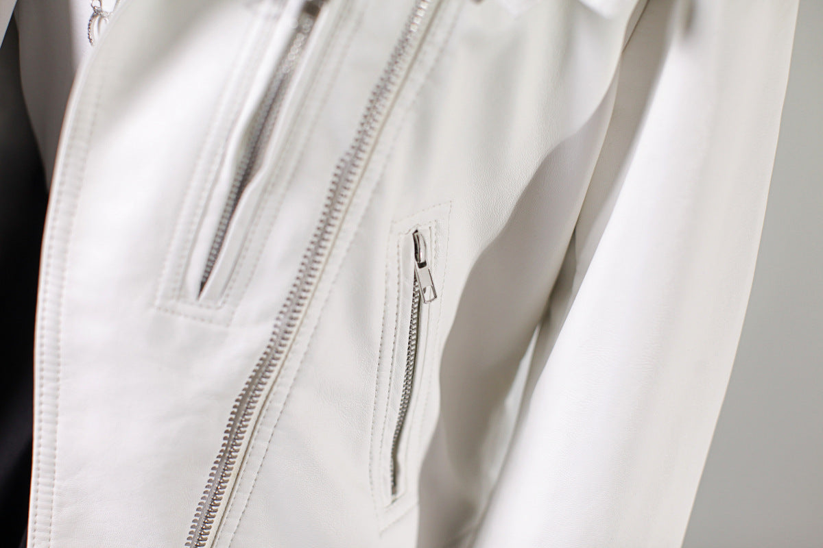 Women's PU Leather Motorcycle Jacket - European & American Style Short Biker Jacket (Black/White, Sizes S-XL LadyShow.Store