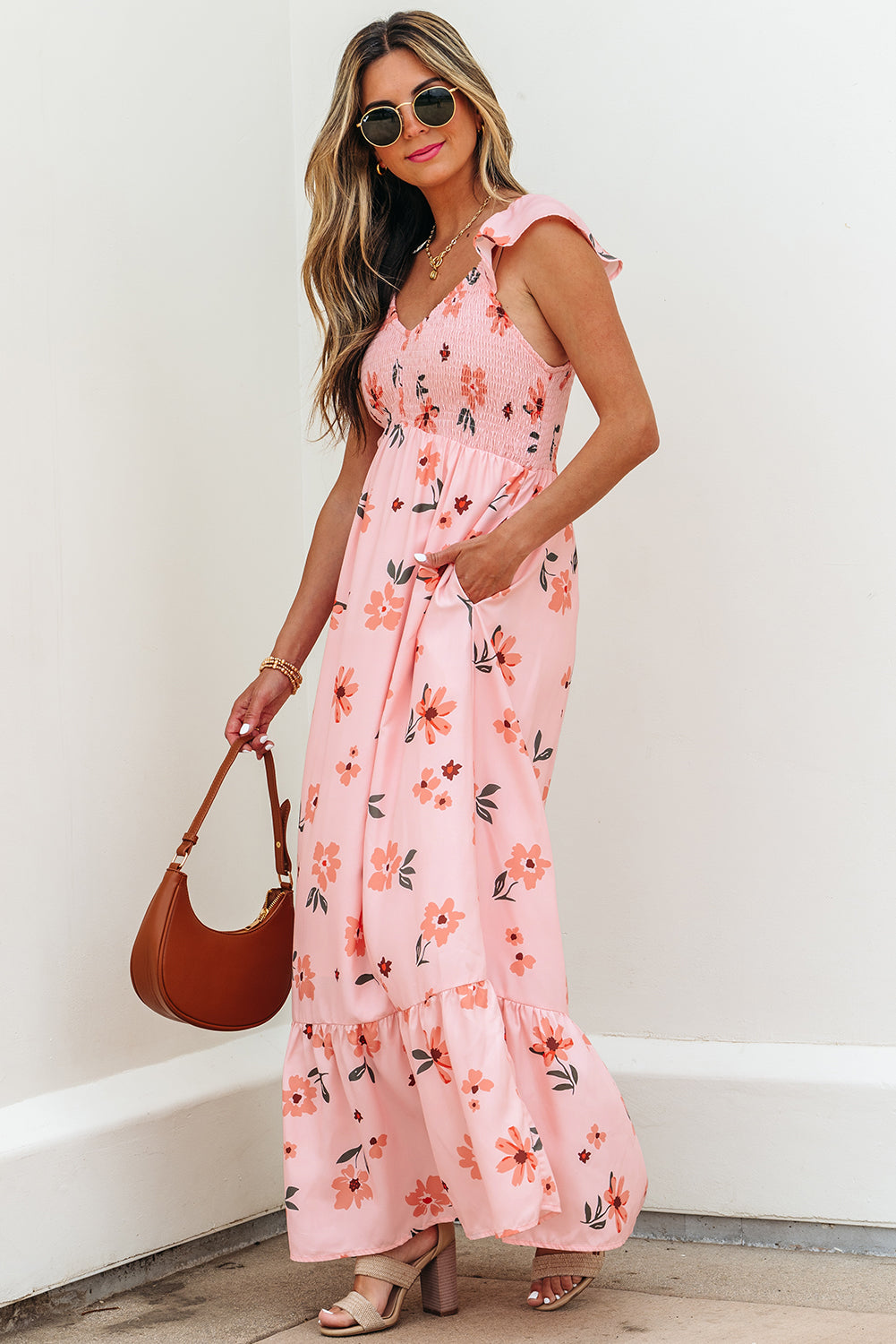 Clare Floral High Waist Ruffle Hem Long Dress Threaded Pear