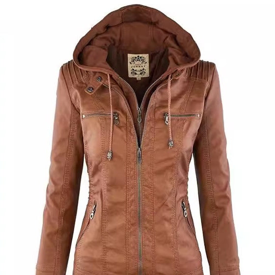 Women's Detachable Lapel Long Sleeve Solid Color Zipper Leather Jacket Coat LadyShow.Store