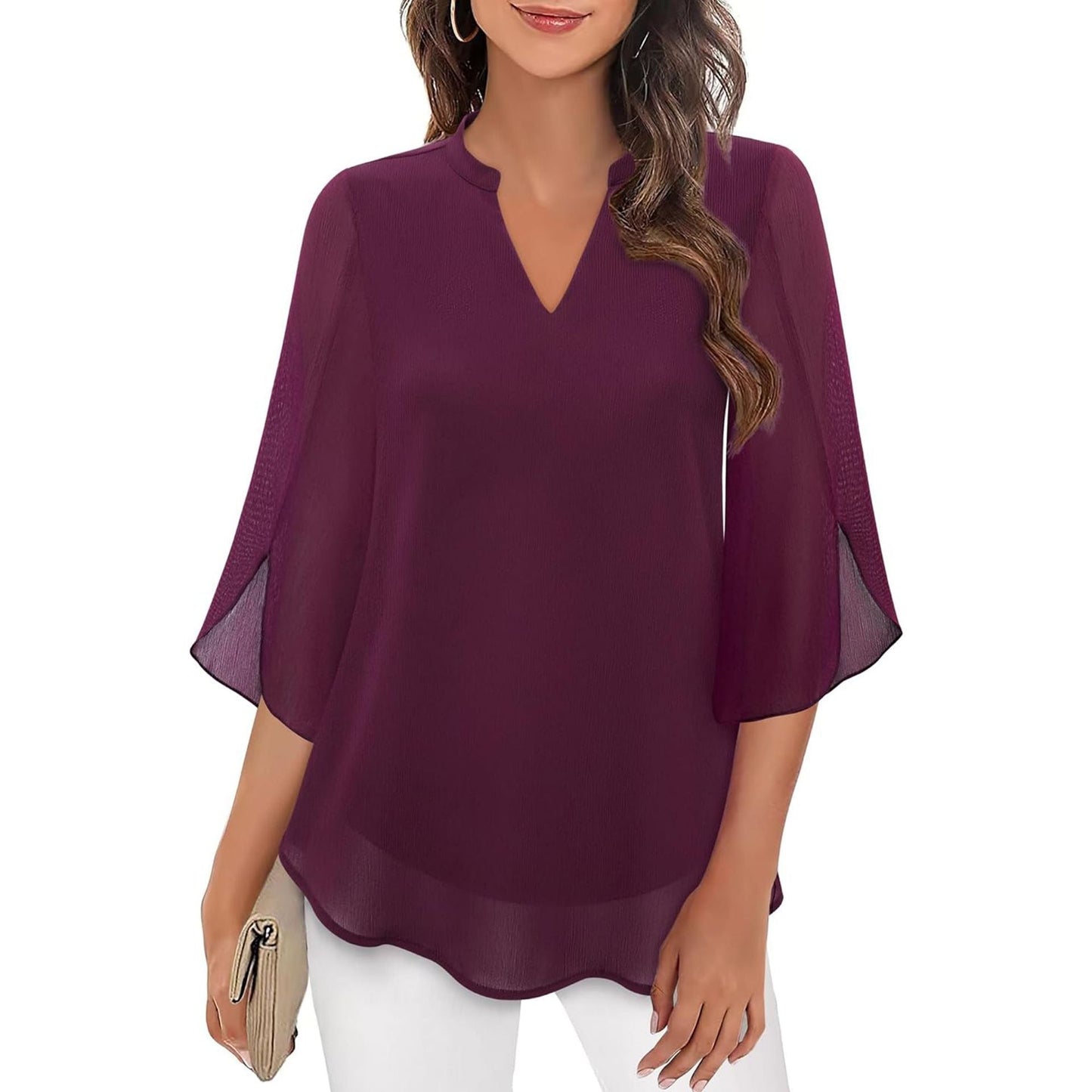 Women's Petal Sleeve Top Loose V-neck Chiffon Shirt LadyShow.Store