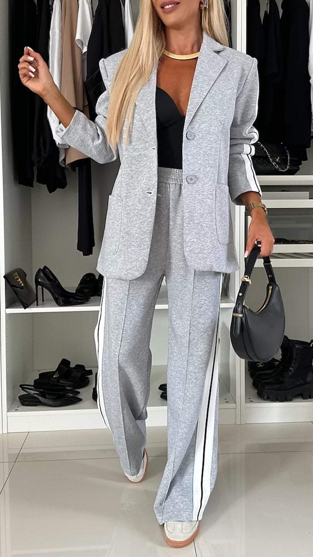 Women's Casual Suit Lapel Single-breasted Jacket And Striped Straight Pants Fashion Sports Trousers Suit Outerwears Clothing LadyShow.Store