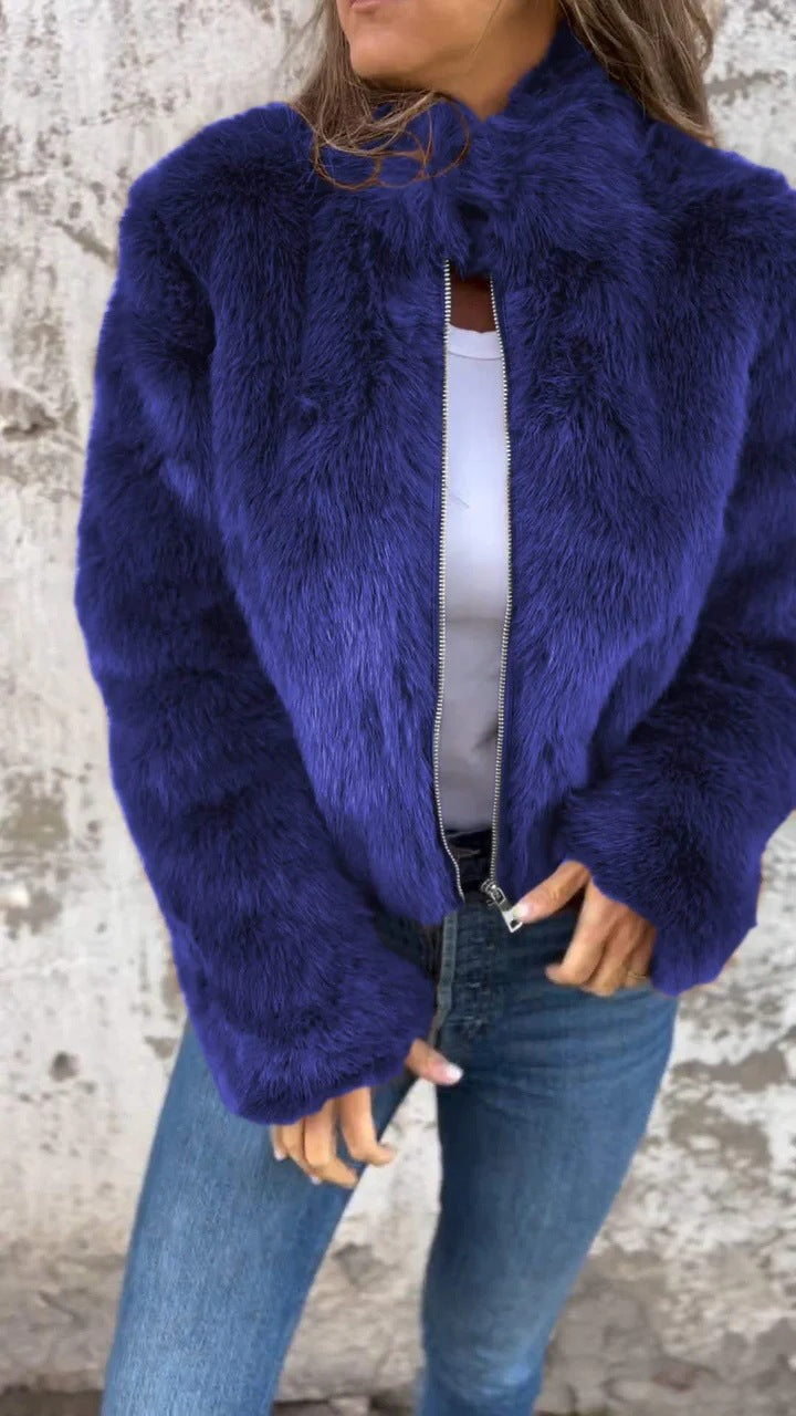 Fashion Stand Collar Plush Jacket Winter Casual Turtleneck Zipper Coat Fleece Tops Women's Clothing Accent Plus
