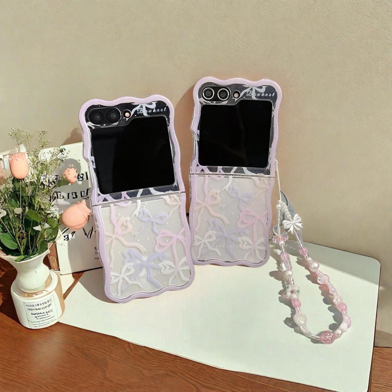 Cute Pink Bow Bracelet Case for Samsung Z Flip 6 5 4 3 - Shockproof Clear Wave Cover with Strap, Stylish & Protective W2B