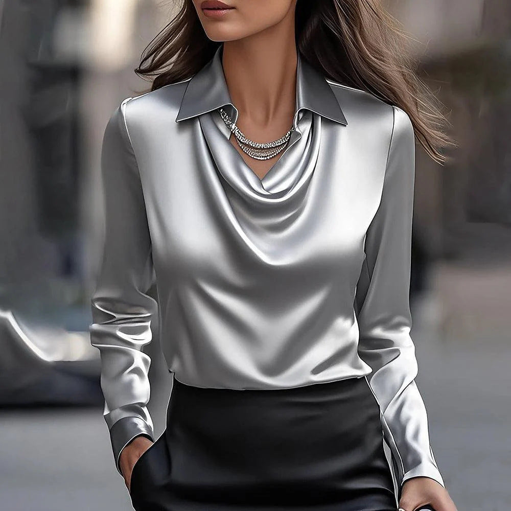 Women's Swing Collar Draped Shirts & Blouses Elegant Solid Satin Office Ladies Top Pullover Spring Long Sleeve Casual Tops LadyShow.Store
