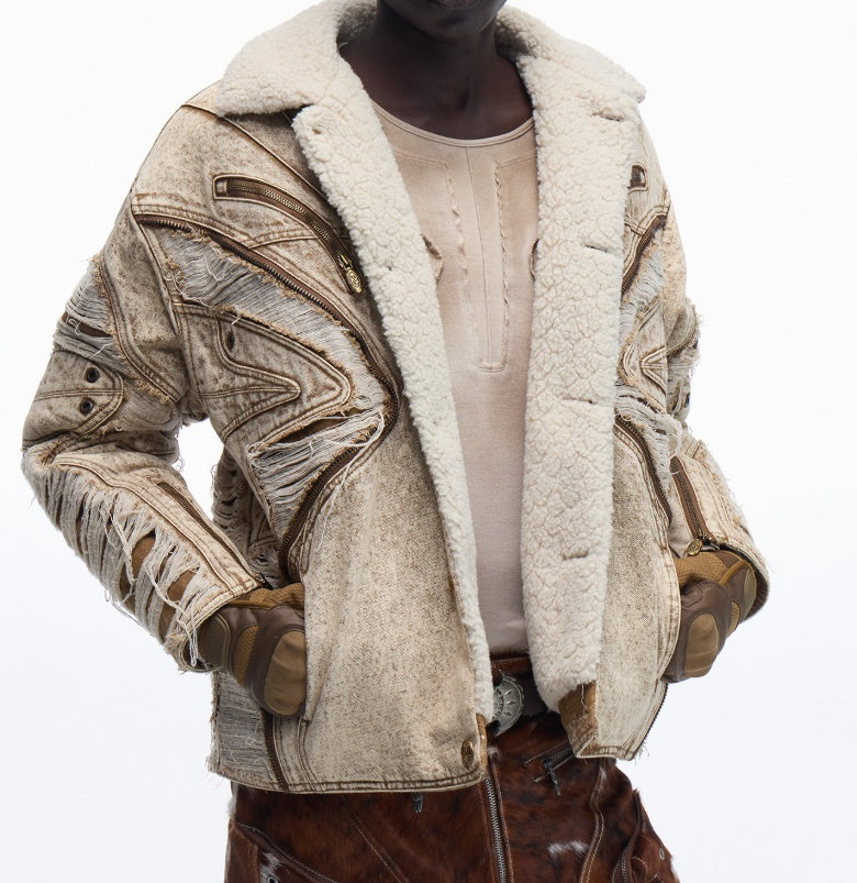 Ravaged And Distressed Apricot Lambswool Denim Jacket Accent Plus