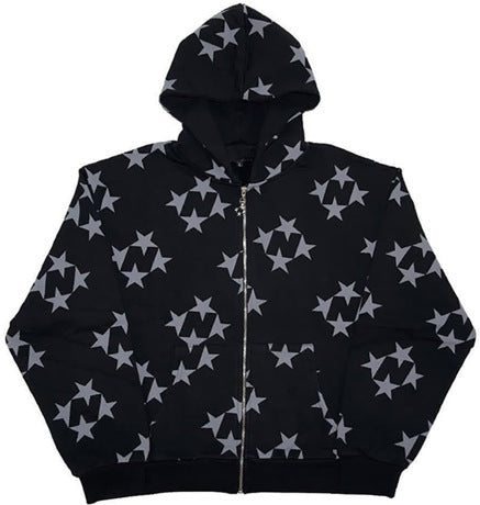 Stars Printed Zipper Hooded Cardigan Couple Fashion Outerwear Hoodies Sweatshirt Street Men Women Coat Accent Plus