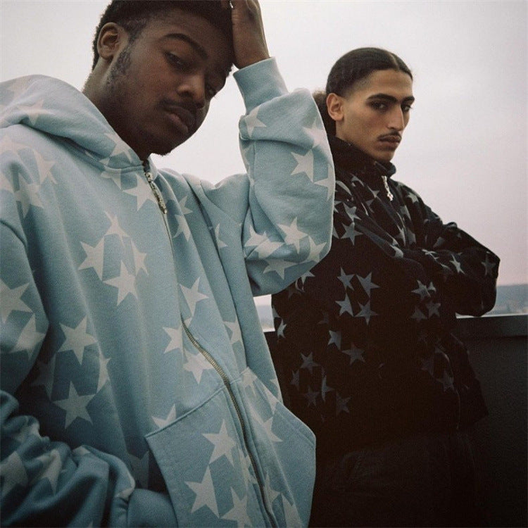 Stars Printed Zipper Hooded Cardigan Couple Fashion Outerwear Hoodies Sweatshirt Street Men Women Coat Accent Plus