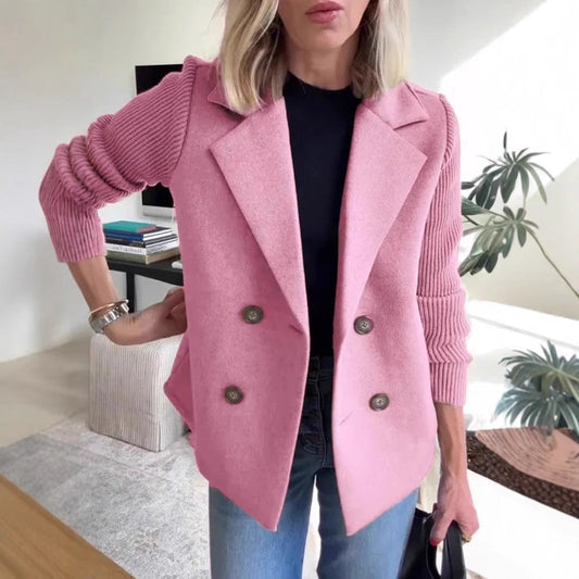Double Breasted Lapel Jacket Fashion Knitted Sleeves Splicing Design Coat Outerwear Women's Clothing Best YouTube Store
