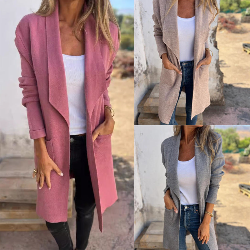 Fall And Winter Lapels Mid-length Knitted Cardigan Thin Woolen Coat Accent Plus