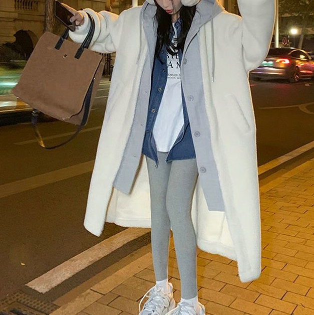 Long Hooded Dress Coat Lambswool All-match Loose Fashionable Jacket Accent Plus