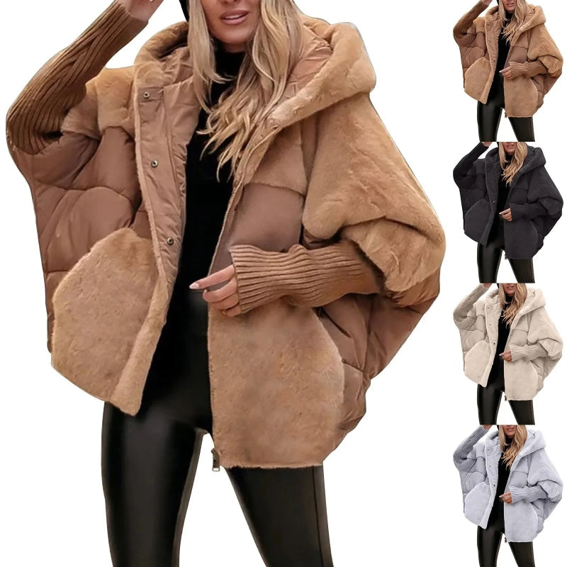 Women's Loose Cotton Coat Faux Fur Patchwork Winter Coat Comfort Chic Long Sleeve Hooded Jacket LadyShow.Store