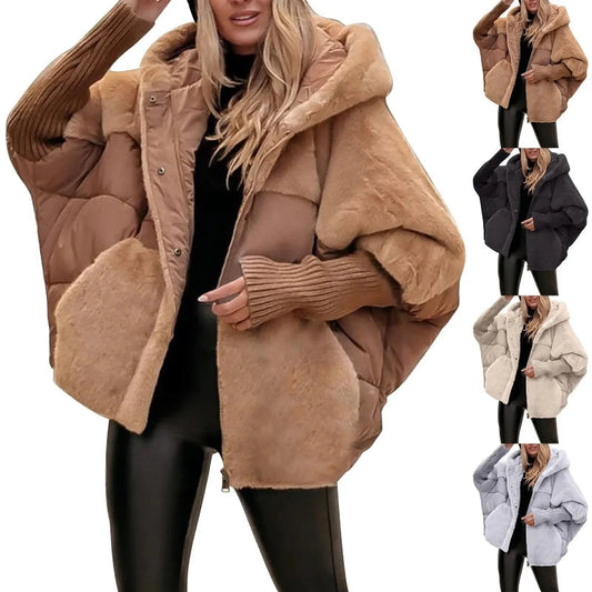 Women's Loose Cotton Coat Faux Fur Patchwork Winter Coat Comfort Chic Long Sleeve Hooded Jacket LadyShow.Store
