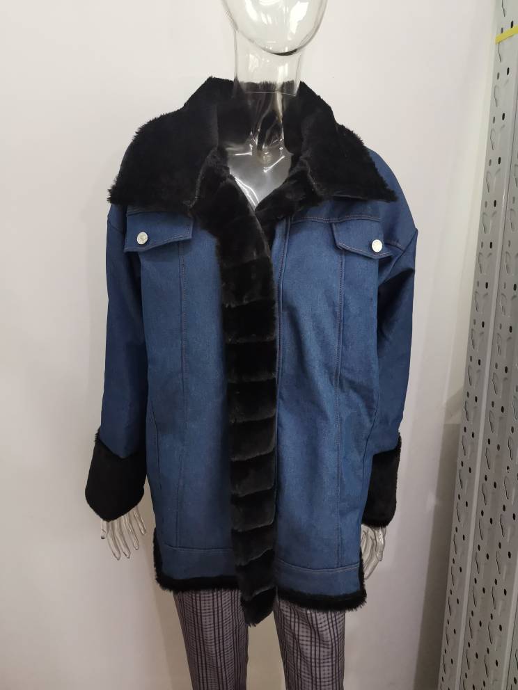 Ladies Fur One Denim Long Long Sleeve Coat Accent Plus