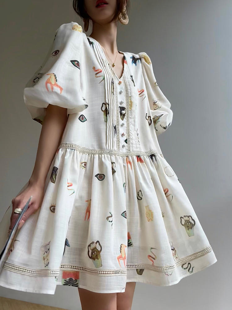 Women's Lace Retro Loose French Print Puff Sleeve Dress LadyShow.Store