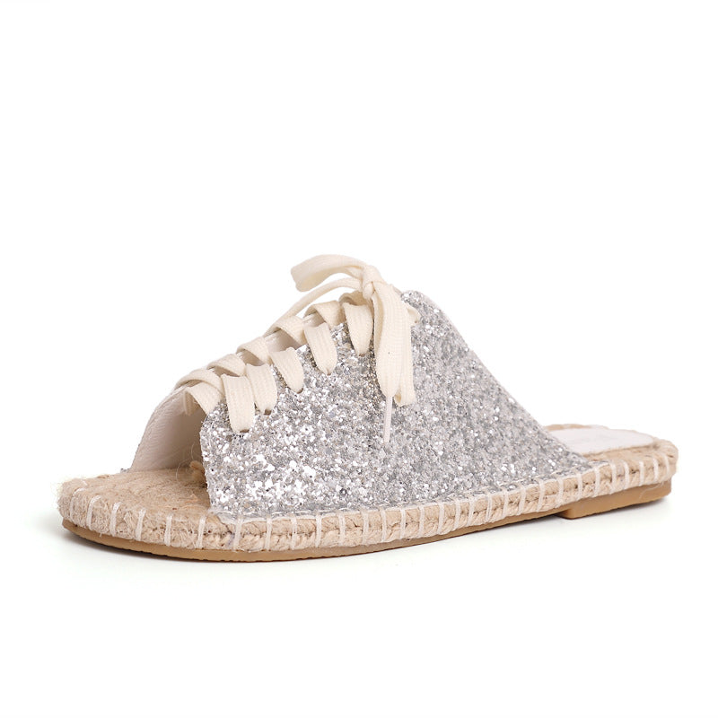 Sequin Lace-Up Flat Sandals with Straw Fisherman Sole Best YouTube Store