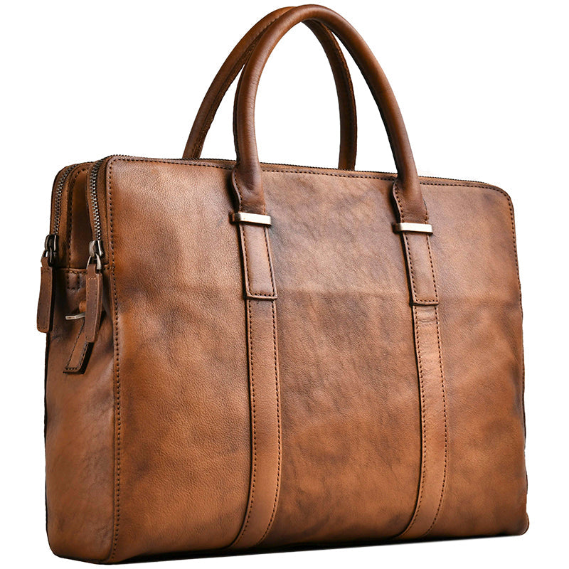 Vintage Vegetable Tanned Leather Men's First Layer Cowhide Casual Business Handbag LadyShow.Store