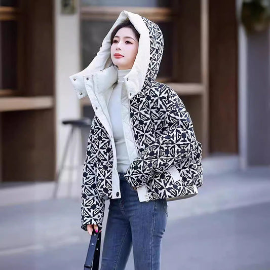 Printed Hooded Down Jacket Women's Short LadyShow.Store