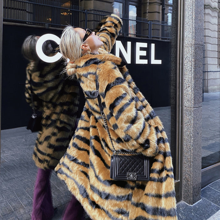 Faux Fur Coat With Tiger Pattern Fur And Long Artificial Hair Accent Plus