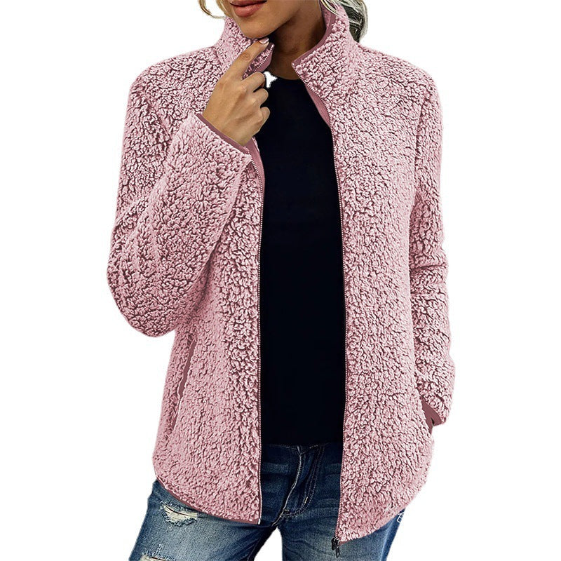 Fall Winter Warm Sweatshirt Stand Collar Solid Color Top Sweater Women's Casual Fashion Long Sleeve Zipper Bubble Velvet Coat Tops Best YouTube Store