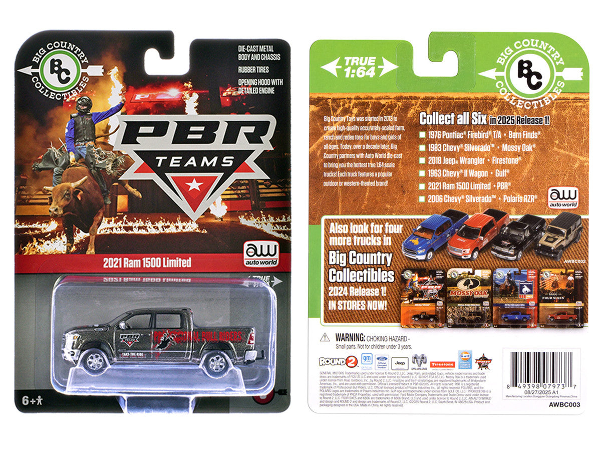 2021 Ram 1500 Limited Pickup Truck "PBR (Professional Bull Riders)" Gray Metallic with Graphics "Big Country Collectibles" 2025 Series 1/64 Diecast Model Car by Auto World Autoworld