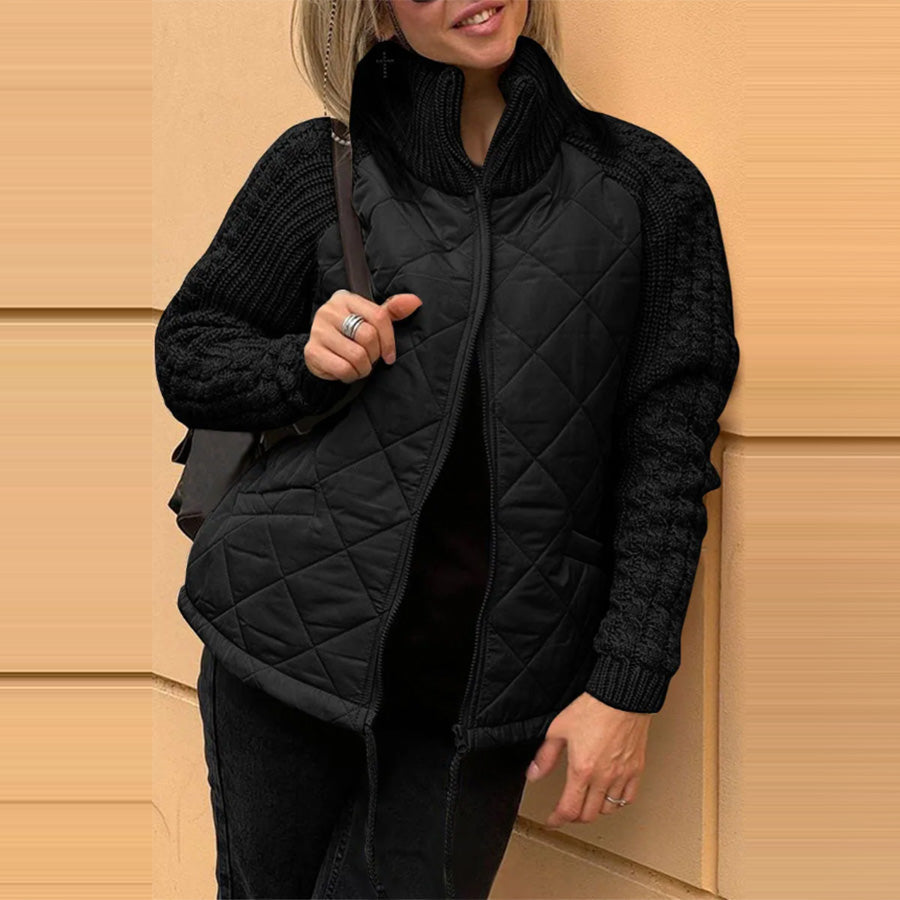 Winter Stand Collar Cotton Jacket With Pockets Fashion Knitted Stitching Zipper Coat Warm Tops For Women Clothing LadyShow.Store
