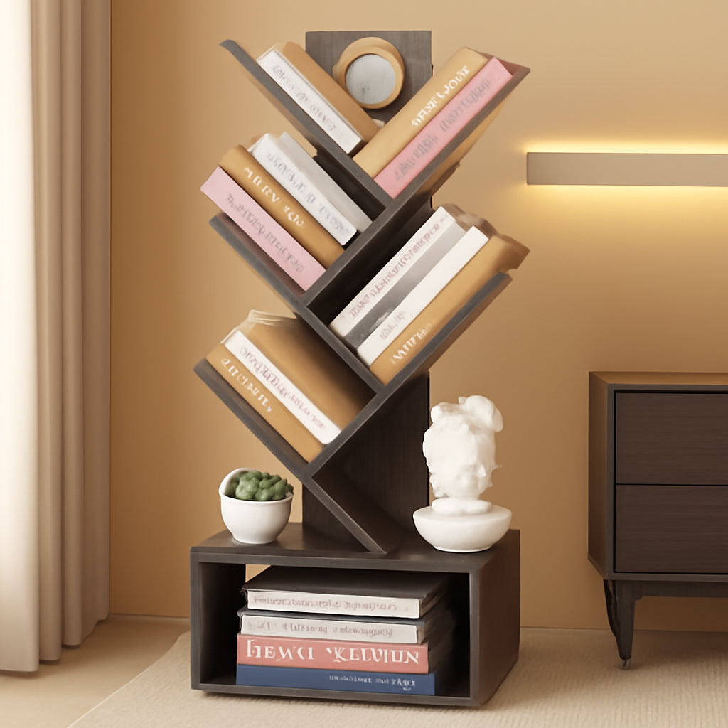 6 Tier Tree Bookshelf Bookcase With Drawer Grey Office ShipItFurniture