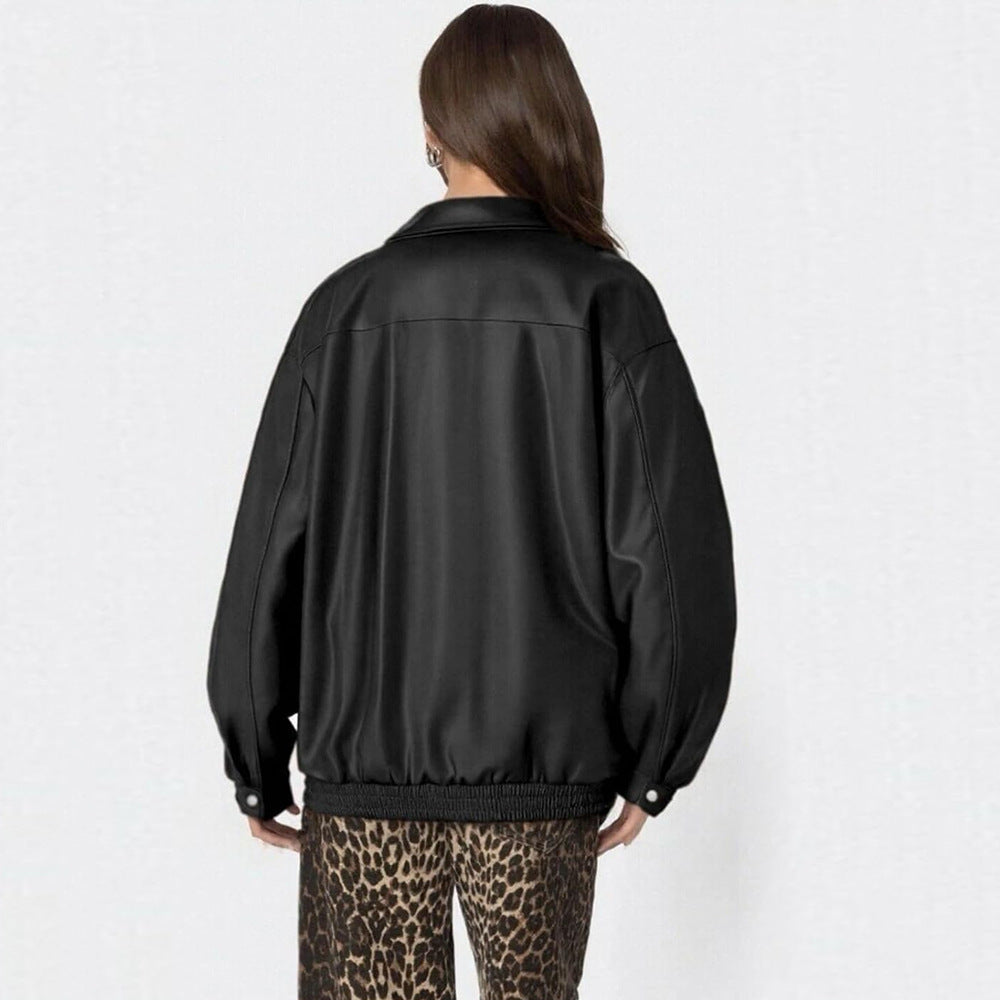 Women's Leather Jacket Loose Long Sleeve Lapel Motorcycle Jacket LadyShow.Store