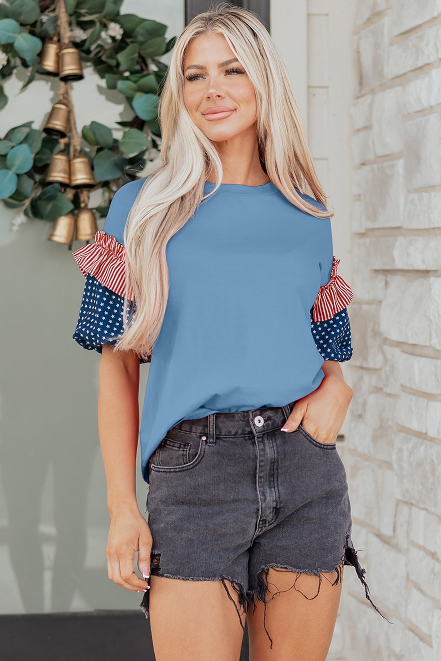 Henley Short Puff Sleeve Top-0