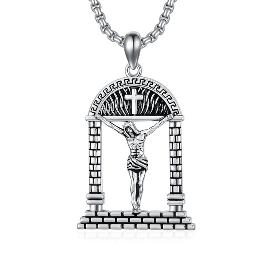 Sterling Silver Jesus Suffering Statue Crucifix Pendant Necklace Religious Gift LadyShow.Store