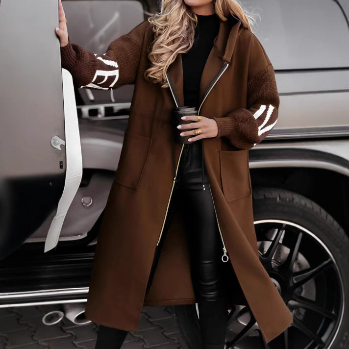 Hooded Windbreaker Long Jacket With Pockets And Drawstring Design Solid Color Knit-Sleeved Trench Coat For Women Clothing Fall Winter LadyShow.Store