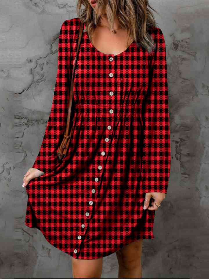 Double Take Full Size Plaid Round Neck Long Sleeve Magic Dress LuxuryLifeWay Online Store