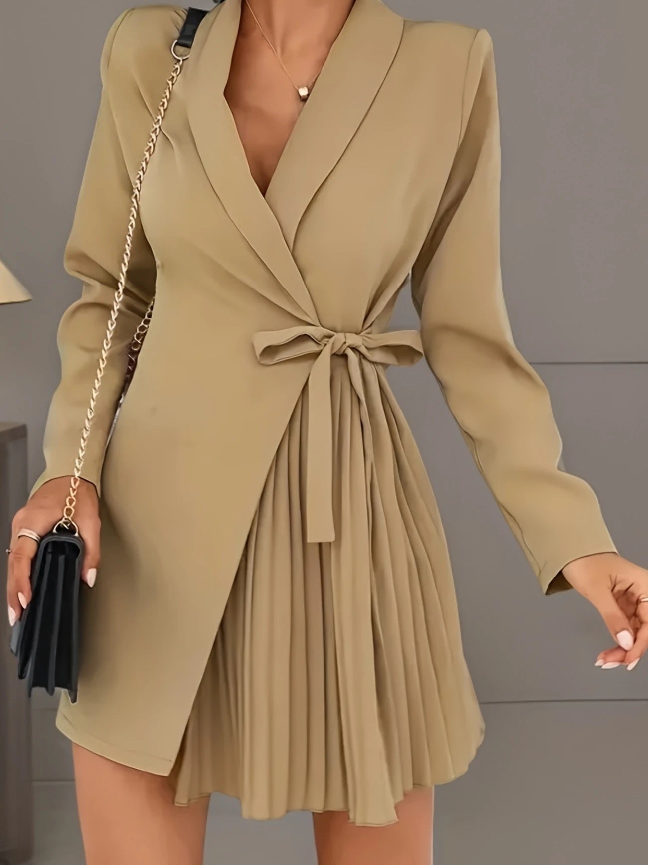 Solid Color Pleated Suit Jacket Dress Accent Plus