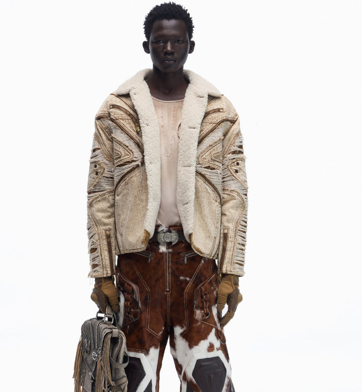 Ravaged And Distressed Apricot Lambswool Denim Jacket Accent Plus