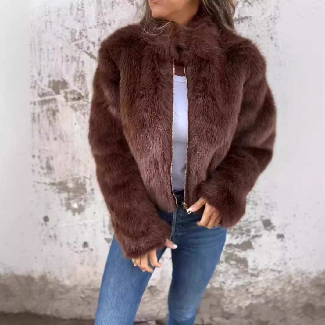 Fashion Stand Collar Plush Jacket Winter Casual Turtleneck Zipper Coat Fleece Tops Women's Clothing Accent Plus