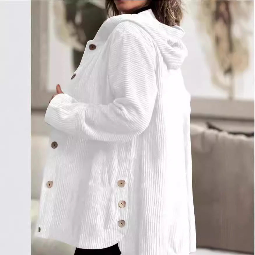 Women's Corduroy Hooded Jacket Fashion Warm Pockets Button Mid-length Top Casual Fall Winter Outwear Clothing Accent Plus