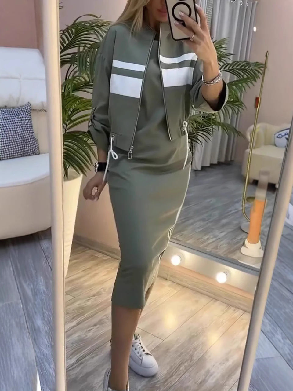 Casual Zipper White Stripe Edge Jacket Coat Dress Women's Suit Accent Plus