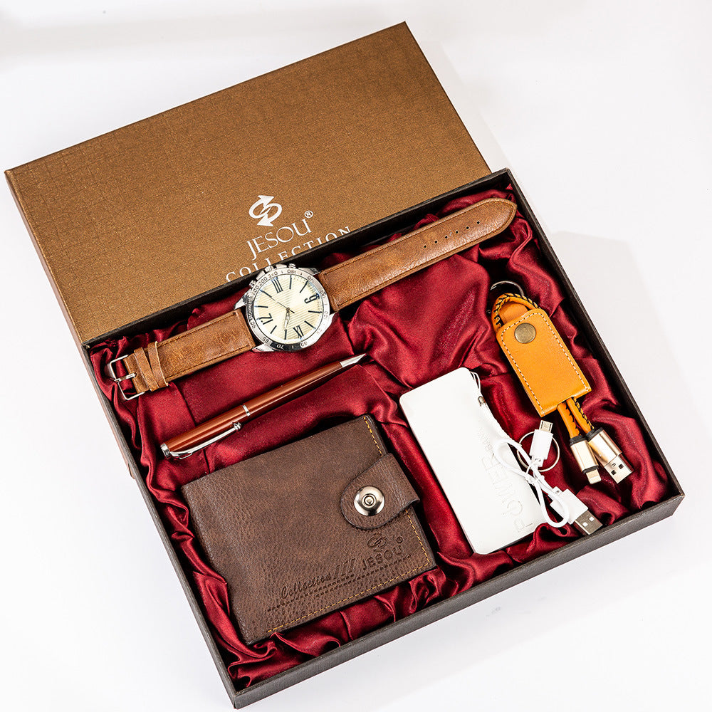 Mens Boutique Gift Set Wallet Power Bank Keychain Large Dial Quartz Watch Best YouTube Store
