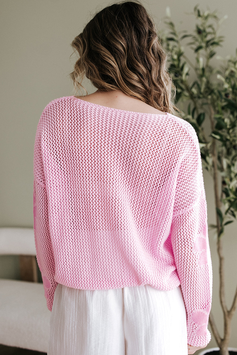 Dulce Big Flower Hollowed Knit Drop Shoulder Sweater Threaded Pear