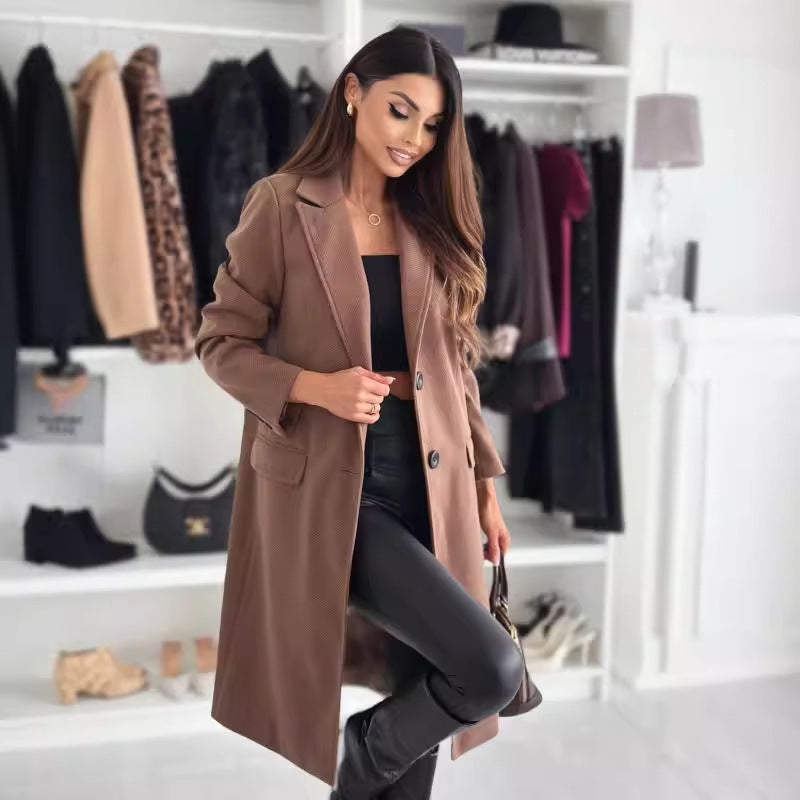 Lapel Single-breasted Wool Coat Winter Long Sleeve Solid Color Long Jacket Women Clothing Accent Plus